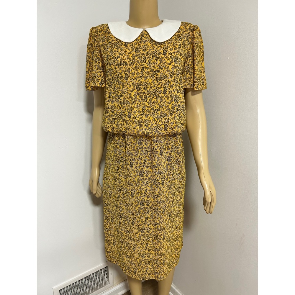 Vintage Jenny Petites Yellow Floral Peter Pan Collar Midi Dress Size 9 USA Made